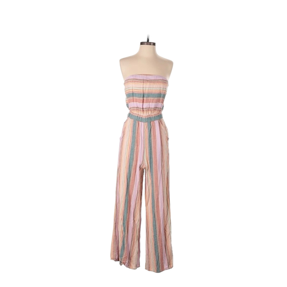 Pink and Green Strapless Jumpsuit With Pockets